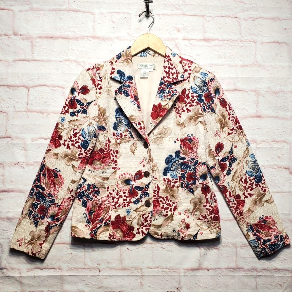 Coldwater Creek Jacket Womens Small Cream Red Blue Floral Cotton Blazer‎ Chic